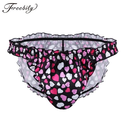 Mens Sissy Lingerie Soft Fabric Love Heart Print Ruffled High Cut Lined Bikini Briefs Panties