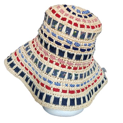 Floppy Weave Fabric Straw Hat Red Blue And White Depop