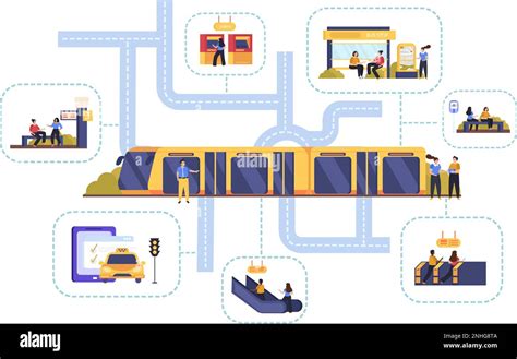 Public Transport Flat Composition With Characters Of Passengers Travelling By Train Bus Taxi