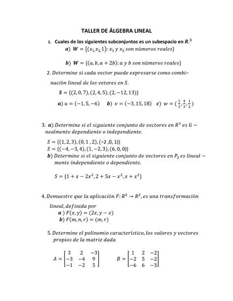 Taller Final DE Álgebra Lineal TALLER DE ÁLGEBRA LINEAL Cuales de los