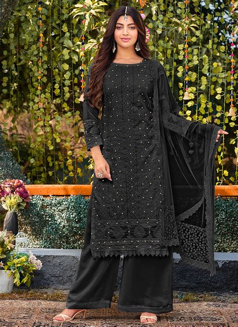 Shop Eid Outfits Black Lucknowi Embroidery Festive Palazzo Suit At Hatkay