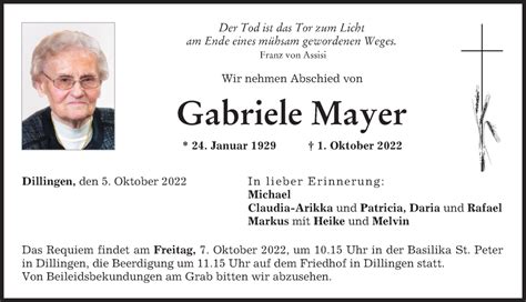 Traueranzeigen Von Gabriele Mayer Augsburger Allgemeine Zeitung