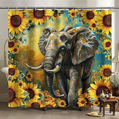 Van Gogh Style Elephant And Sunflowers Shower Curtain Artistic Bathroom