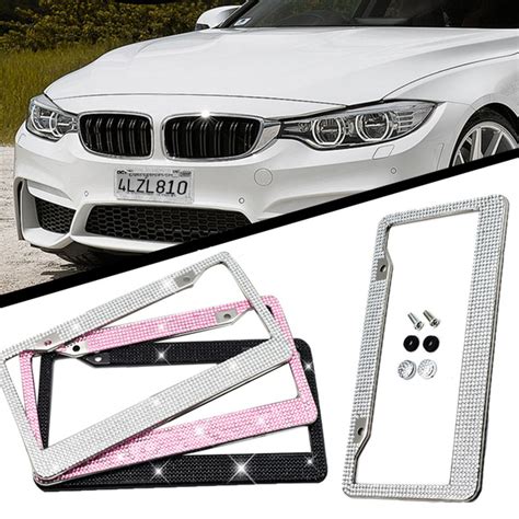 1pc Car Type Diamond Cutting Rhinestone License Plate Frame Cute Shiny