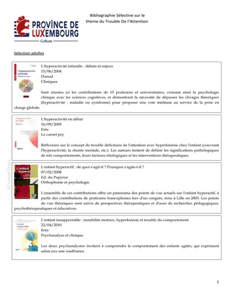 Bibliographie Sélective Sur Le Thème Du Trouble De L`attention