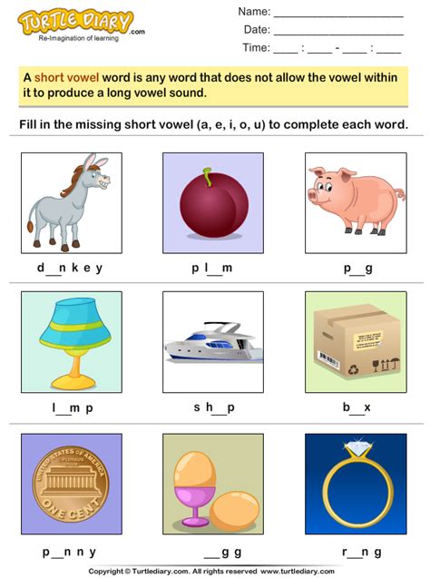 Fill In The Blank With Short Vowels A E I O U Turtle Diary Worksheet