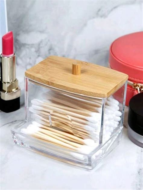 Pc Acrylic Qtip Holder With Bamboo Lid Clear Small Swab Dispenser