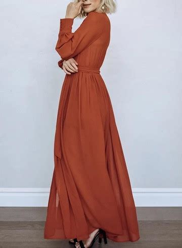 Vneck Long Sleeves Belted Maxi Dress In Rust