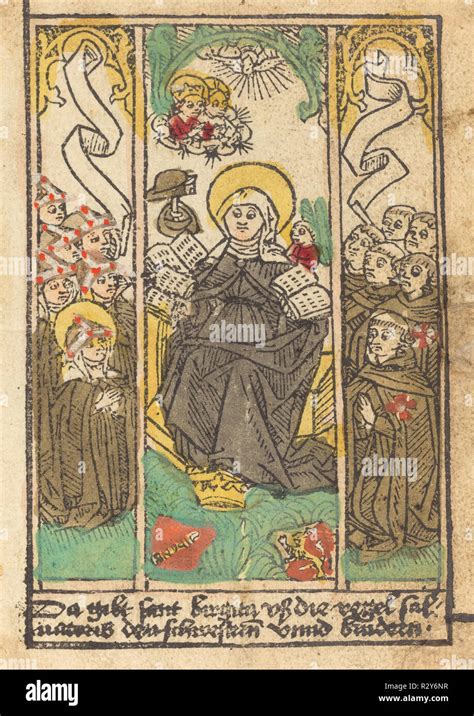 Saint Bridget Dated C 1490 Medium Woodcut Hand Colored In Gray