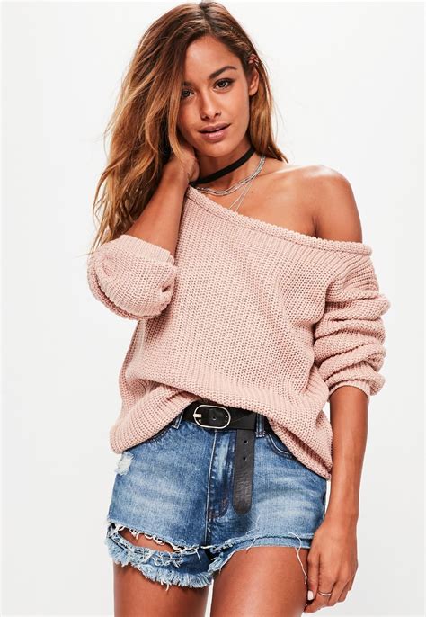 Missguided Blush Pink Off Shoulder Knitted Jumper Knit Outfit