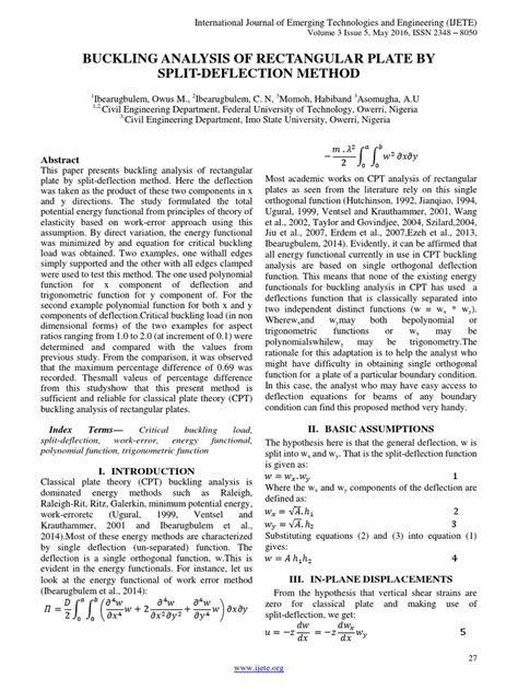 Buckling Analysis Of Rectangular Plate By Split Deflection Method Pdf