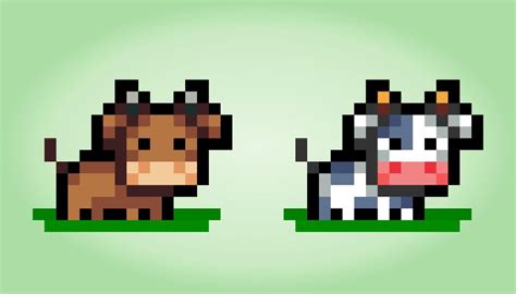 8 bit pixel of cow. Animals for game assets in vector illustrations ...