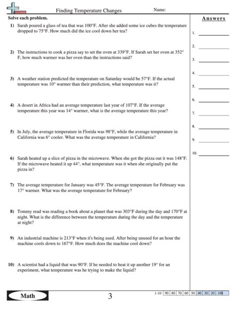 finding temperature  math worksheet  answers printable