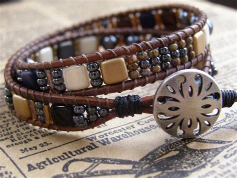 Double Wrap Leather And Tila Bead Bracelet With Pearls Beaded