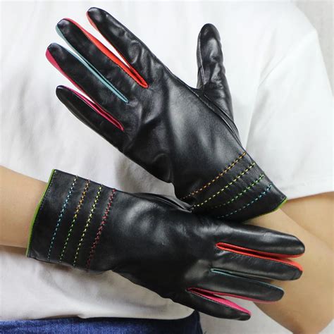 Ladies Leather Gloves Polyester Genuine Leather Length 25 Cm Colorful Stleather Gloves Ladies