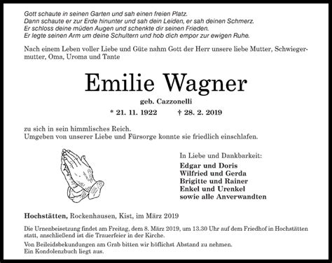 Traueranzeigen Von Emilie Wagner Rz Trauer De