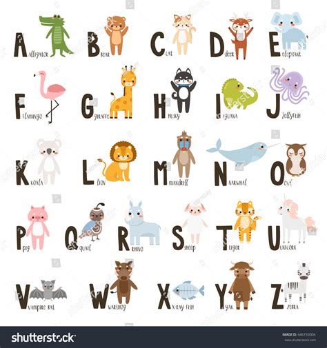 Alphabet Set Cute Cartoon Animals Letters Stock Vector Royalty Free