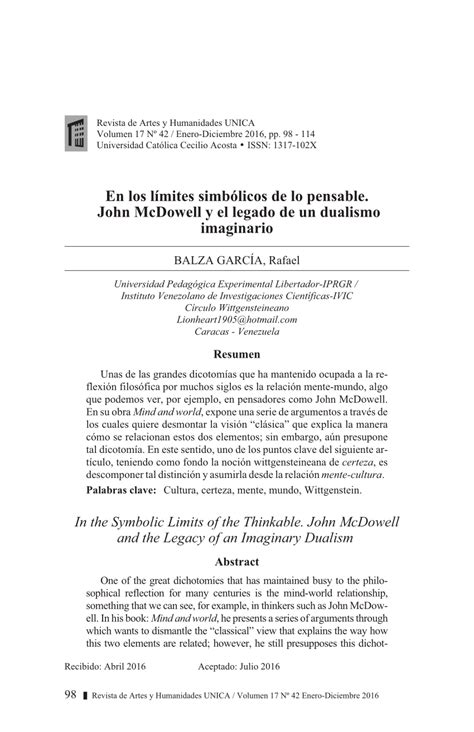 PDF En los límites simbólicos de lo pensable John McDowell y el