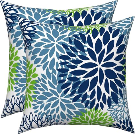 Navy Blue Green Dahlia Pillow Covers 16x16 Set Of 2 Gray Geometric Floral Outdoor