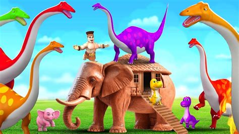 Funny Dinosaurs And Jungle Man Build Elephant Mud House At Dinos World