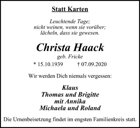 Traueranzeigen Von Christa Haack Trauer In NRW De