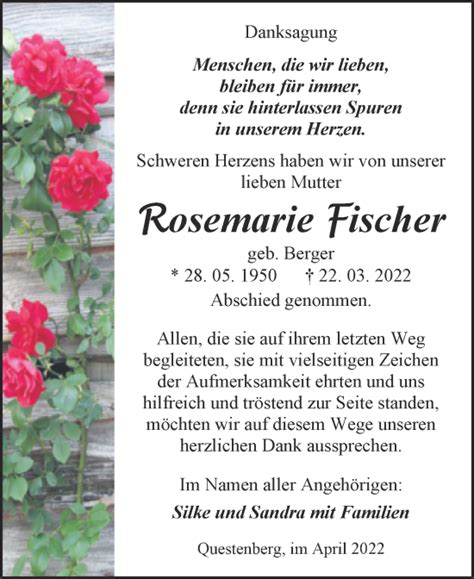 Traueranzeigen Von Rosemarie Fischer Abschied Nehmen De