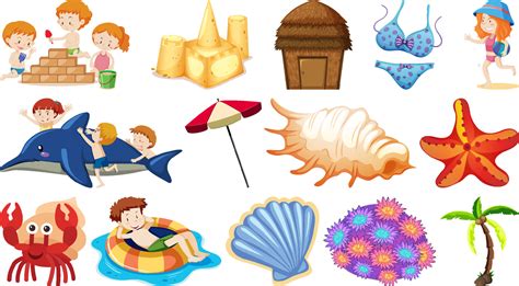 Set Of Summer Beach Objects And Cartoon Characters 4869911 Vector Art At Vecteezy