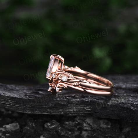 Unique Pear Shaped Pink Morganite Engagement Ring Set Solid Etsy