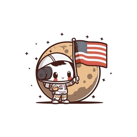 Lindo Astronauta Sosteniendo La Bandera Americana En La Luna Vector