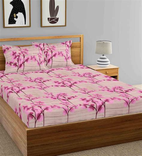 Buy Purple Floral 144 Tc Cotton Queen Sized Bedsheet With 2 Pillow