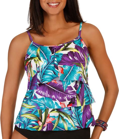 Buy Caribbean Joe Womens Luxe Leaves Triple Tier Ruffle Tankini Black 10 At