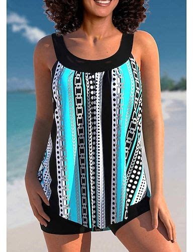 Cyan Striped Polka Dot Cross Strap Tankini Top Artofit