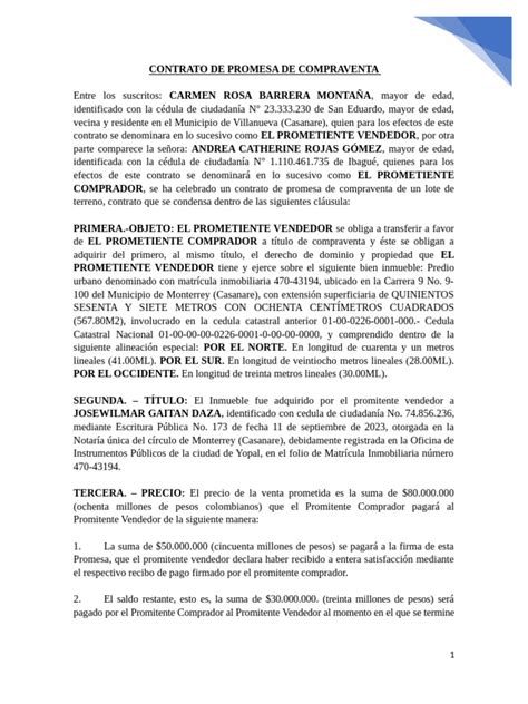 Contrato De Promesa De Compraventa De Lote Rosa Barrera Pdf