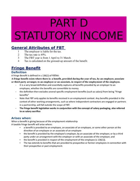 Topic D Australian Taxation FBT PART D STATUTORY INCOME General