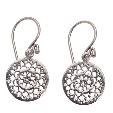 UNICEF Market Round Sterling Silver Mandala Flower Earrings From Bali