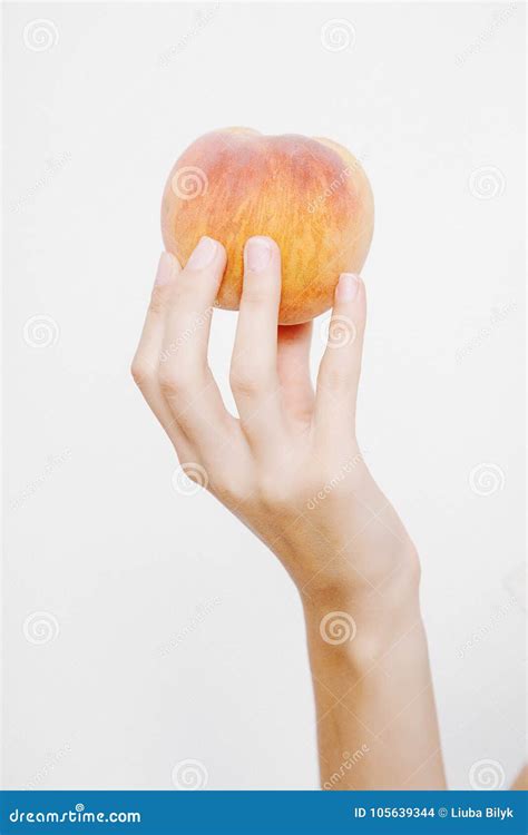 The Girl Holds The Peach Young Woman Holds Peach In Her Hands Stock