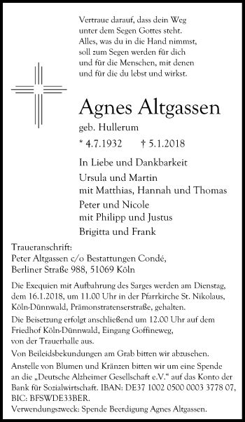 Traueranzeigen Von Agnes Altgassen WirTrauern