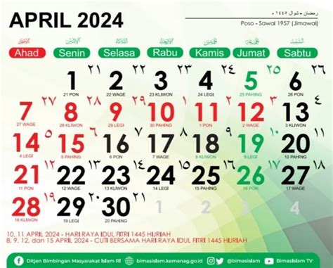 Kalender Jawa Tanggal April Lengkap Nama Weton Neptu Dan