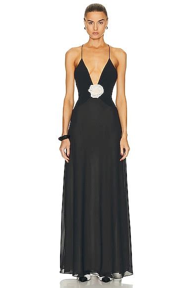 Helsa Sheer Deep V Long Slip Dress In Black Fwrd