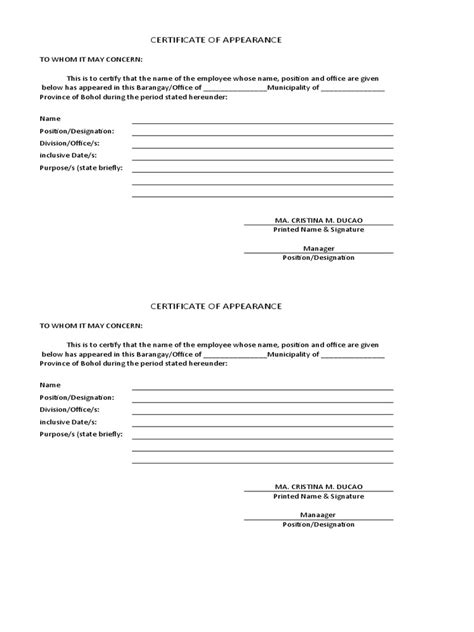 Certificate Of Appearance In Barangayoffice For Name Position And Dates Pdf