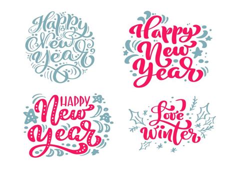 Set Happy New Year vector text Calligraphic Lettering Merry Christmas design card template ...