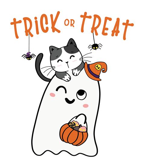 Cute Cat on adorable ghost Trick or Treat Halloween basket cartoon ...