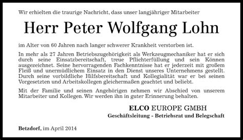 Traueranzeigen Von Peter Wolfgang Lohn Rz Trauer De