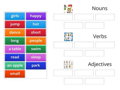 Sorting Adjectives Nouns Verbs Ordenar Por Grupo