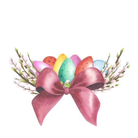 Premium Photo Willow Pussy Nest Watercolor With Colored Eggs Red Bow Isolated On White Hand