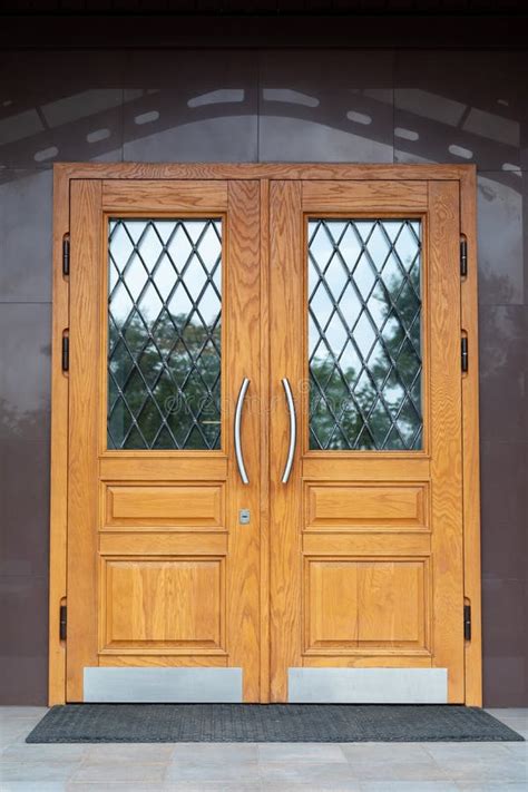 Entrance Wooden Double Leaf Door With Glass And Bars Entrance Group In