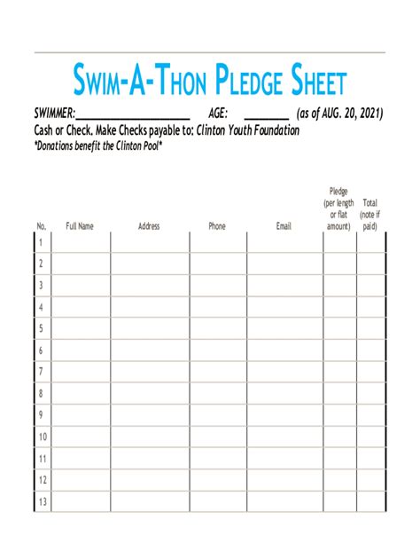 Fillable Online Swim A Thon Pledge Sheet Docx Fax Email Print PdfFiller