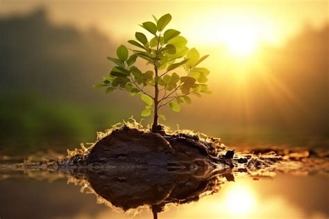 Árbol joven que crece en el jardín con salida del sol en la naturaleza