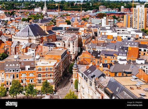Aerial view of Leuven. Highlighting the Town Theater, Stadsschouwburg ...