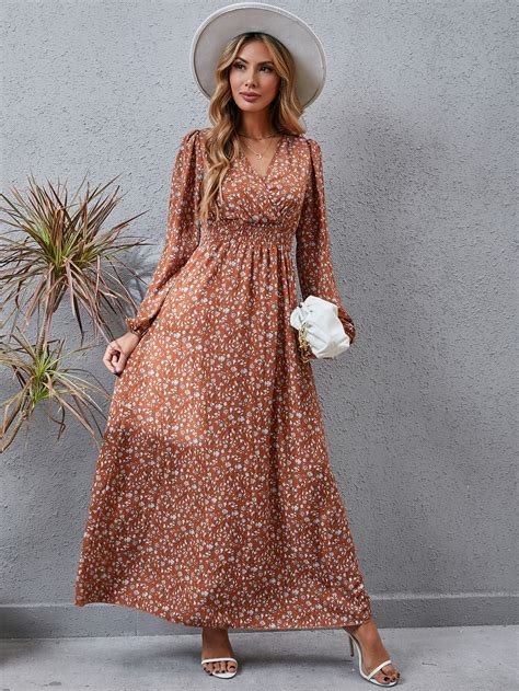 Ditsy Floral Shirred Waist Flounce Sleeve Ruffle Hem Dress Shein Usa